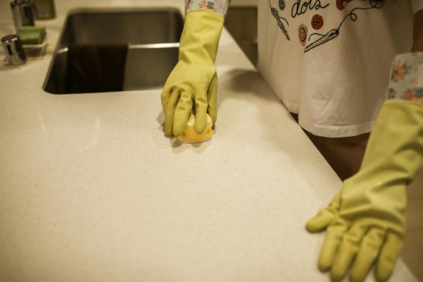Close-up detail cleaning of a kitchen counter